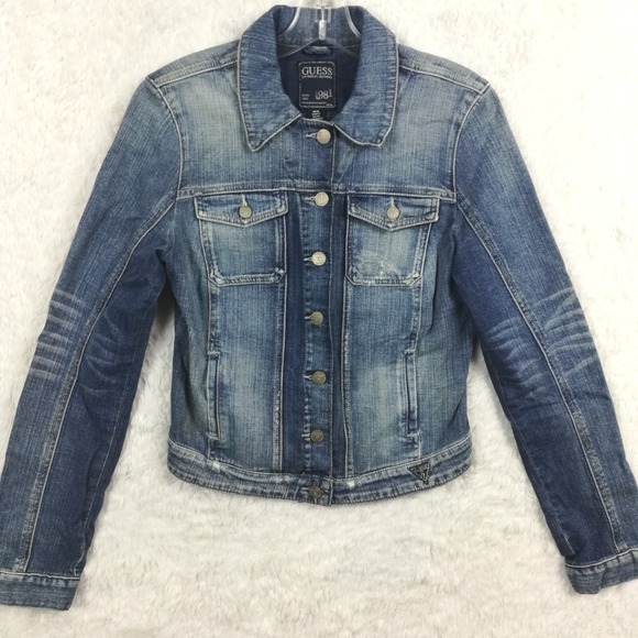 VTG Guess Womens Denim Jacket Blue Jean‎ Whiskering Distressed Crop Stone Wash M - Picture 1 of 11